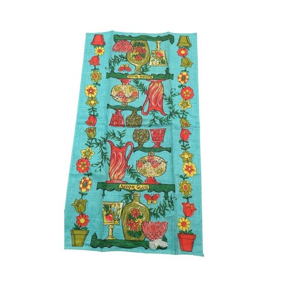 vtg Linen Tea Towel Antique Glass Pattern Jars Vases Flowers  Parisian Print - Picture 1 of 6